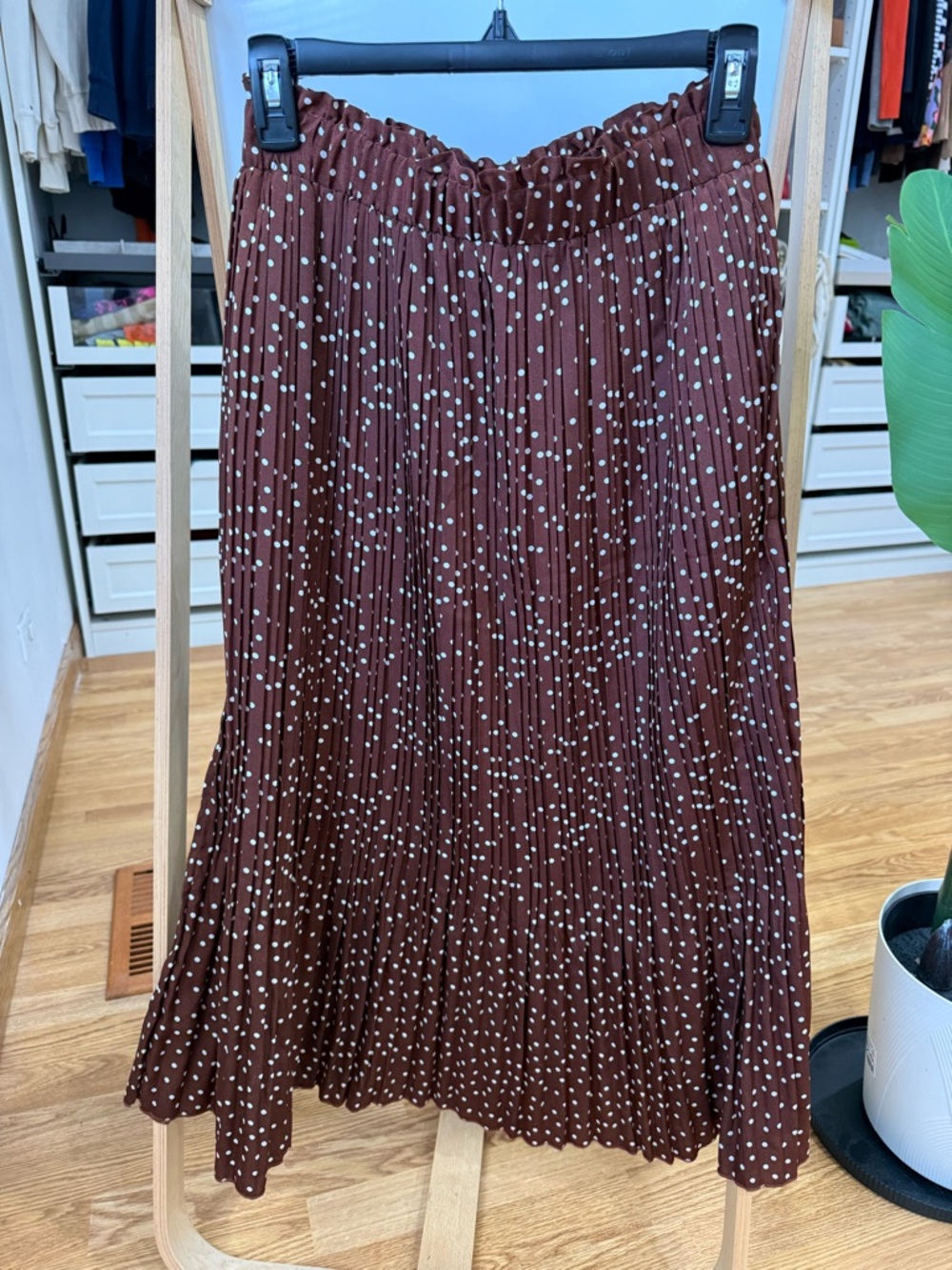 Brown Polka Dot Pleated Midi Skirt
